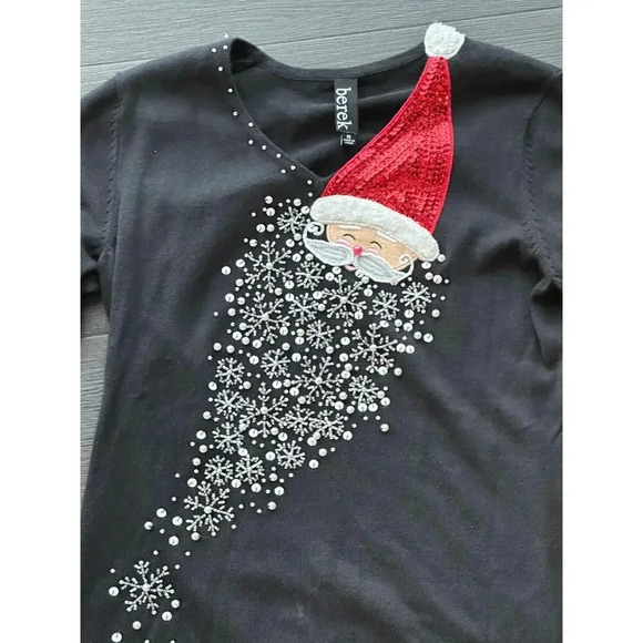 Vintage Berek Black Santa Embellished Sequins Ugly Christmas Sweater Size M - Picture 2 of 6